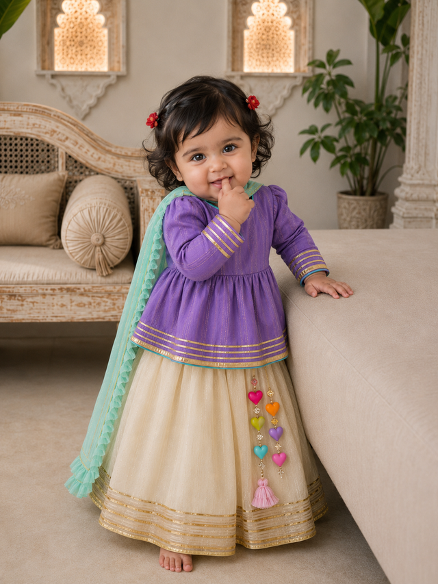 Purple peplum kurta with cream gold flared skirt and mint dupatta with heart tassels for baby girl