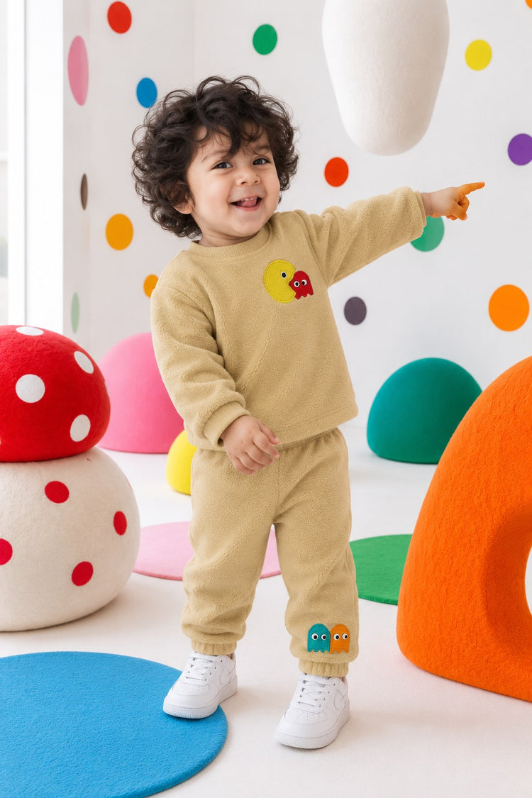 Beige Pac-Man Fleece Set on child by Anaario – winter fleecewear