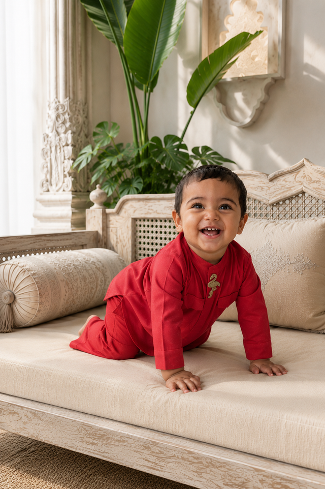 Baby wearing Anaario Red Flamingo-Motif Baby Kurta Set, red kurta with flamingo motif, newborn to 24 months