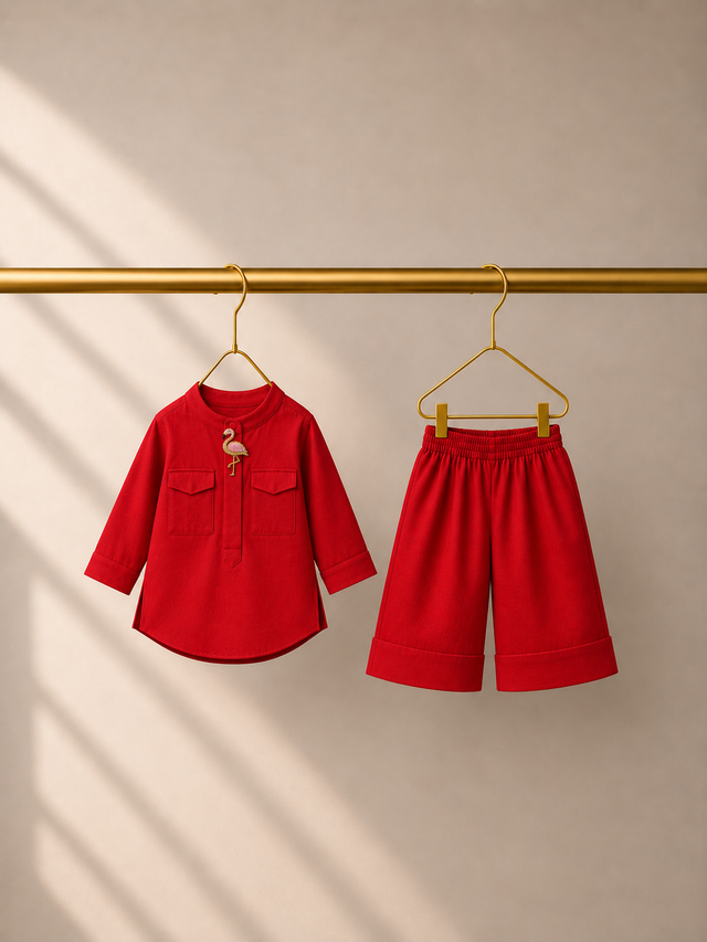 Baby wearing Anaario Red Flamingo-Motif Baby Kurta Set, red kurta with flamingo motif, newborn to 24 months