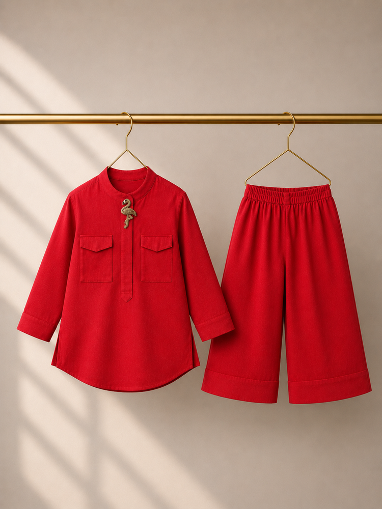 Red Flamingo-Motif Kurta Set - full co-ord set flat lay