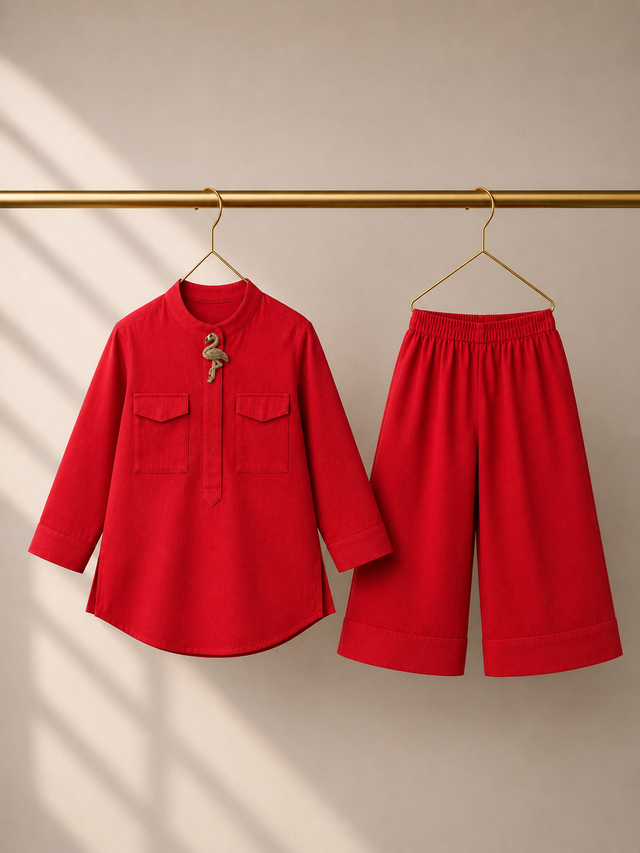 Red Flamingo-Motif Kurta Set - full co-ord set flat lay