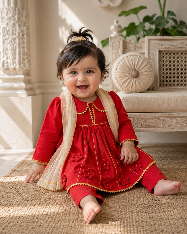 Baby wearing Anaario Red Floral Anarkali Set, red dress with pants and dupatta, newborn to 24 months