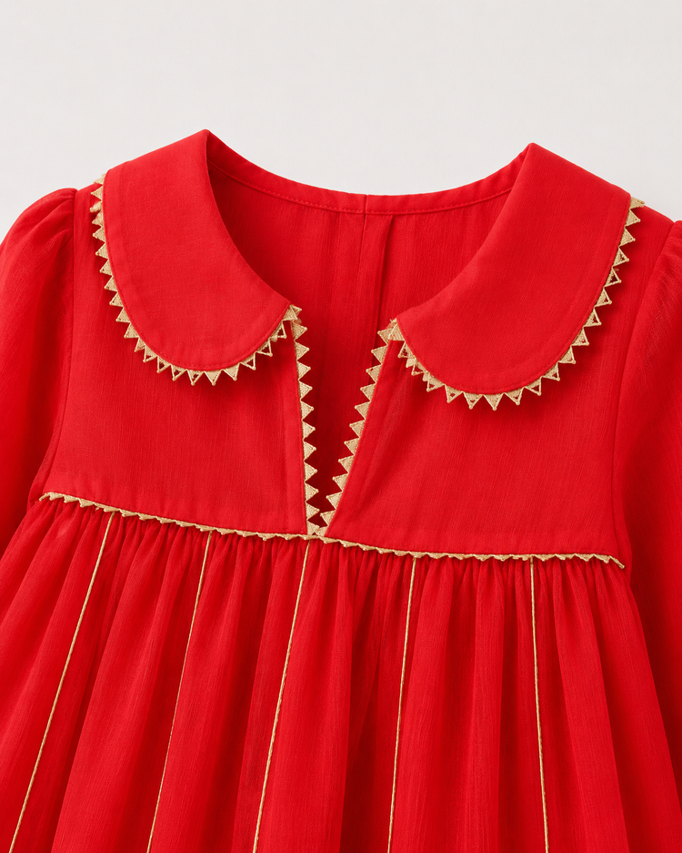 Anaario Red Floral Anarkali Set, close up of peter-pan collar with gold rickrack trim