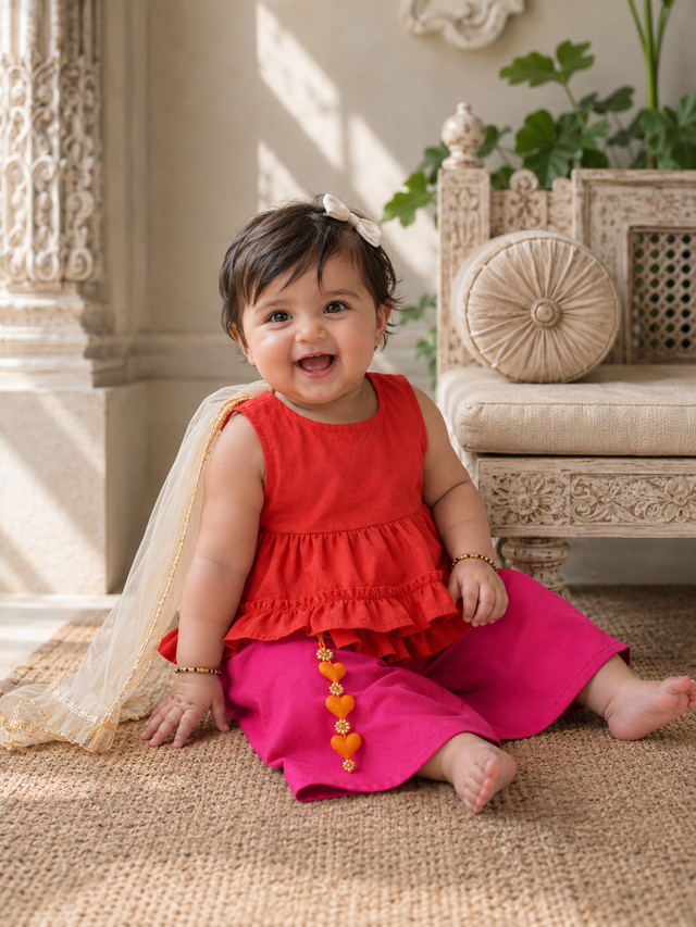 Baby wearing Anaario Red Pink Peplum Co-ord Set, red ruffle top with pink palazzo pants and dupatta, newborn to 24 months