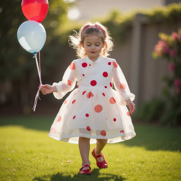 Girl wearing Anaario Polka-Dot Pixie Dress, white organza dress with red polka dot print