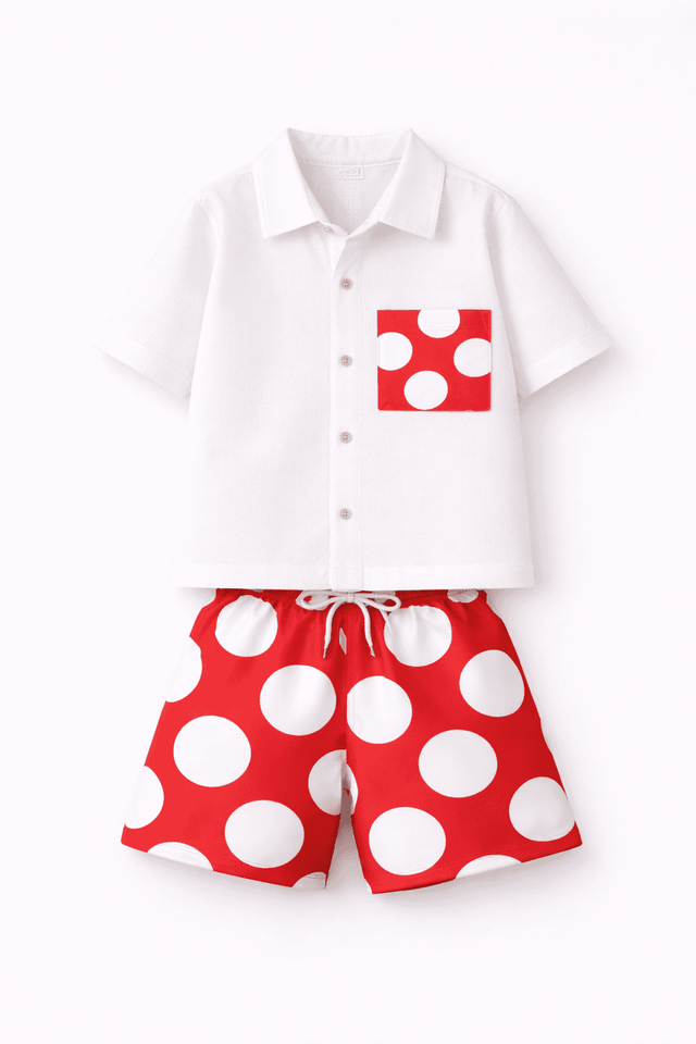 Boy wearing Anaario Red Pop Pocket Shirt Set