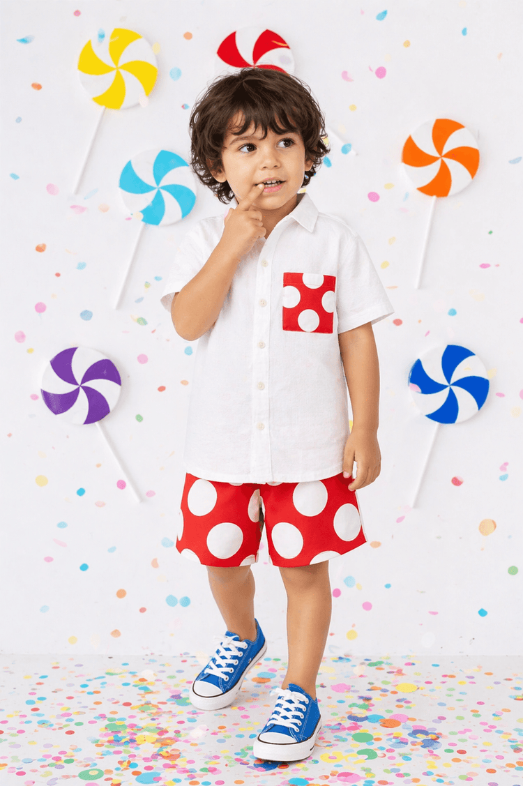 Boy wearing Anaario Red Pop Pocket Shirt Set