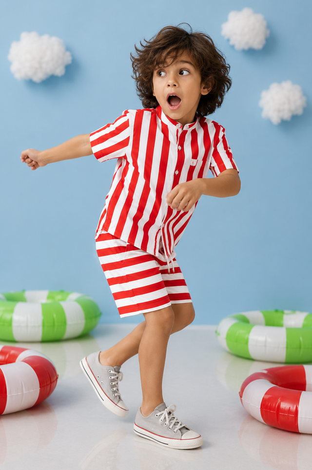 Boy wearing Anaario Red Stripe Shirt, red and white striped shirt, shown styled with matching shorts