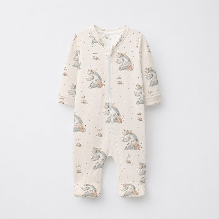Rhino & Whale bamboo cotton baby sleepsuit — two-way zip romper onesie