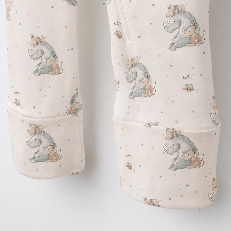 Rhino & Whale bamboo cotton baby sleepsuit — zip romper onesie detail