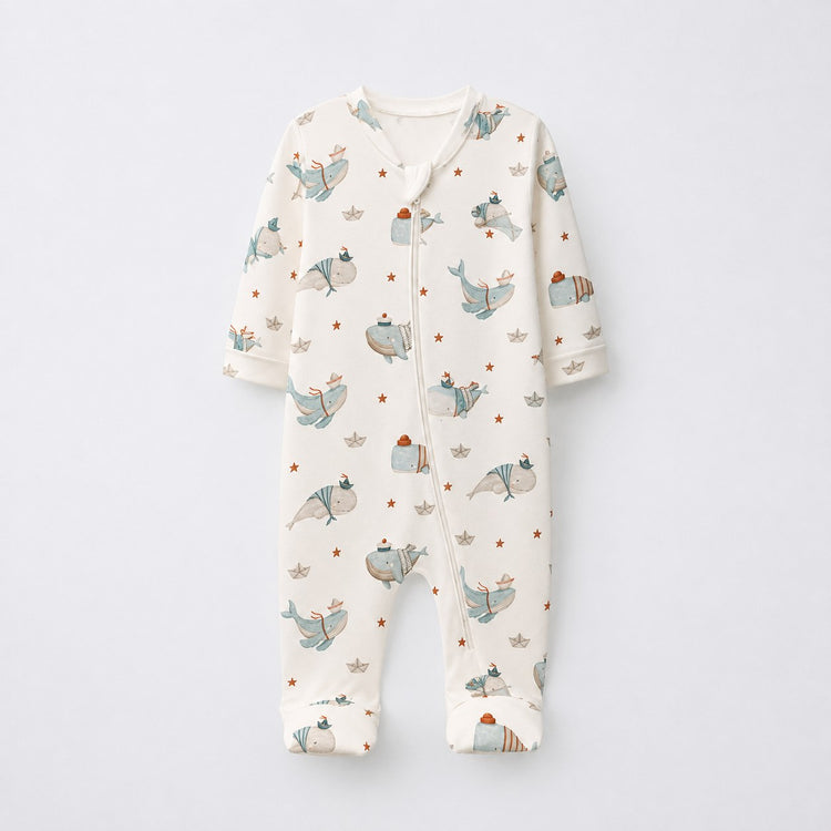 Rhino & Whale bamboo cotton baby sleepsuit — full-sleeve baby sleepsuit, zip onesie