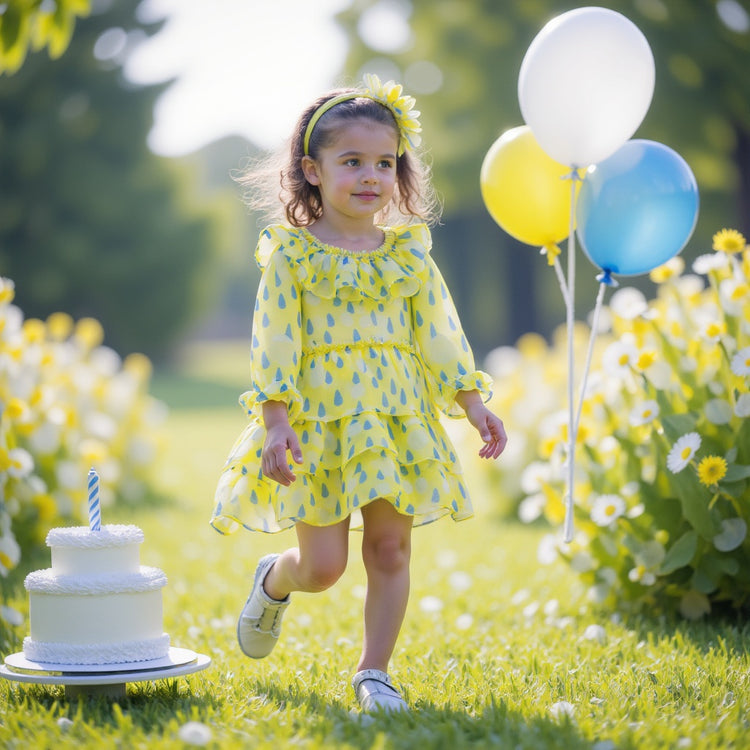 Girl wearing Anaario Lemon-Drop Raindress, yellow organza dress with blue raindrop print