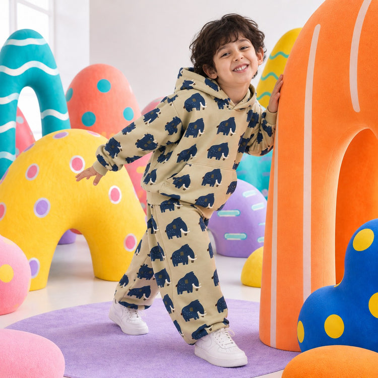 Beige Mammoth Hooded Barrel Pant Set on boy by Anaario – winter kidswear