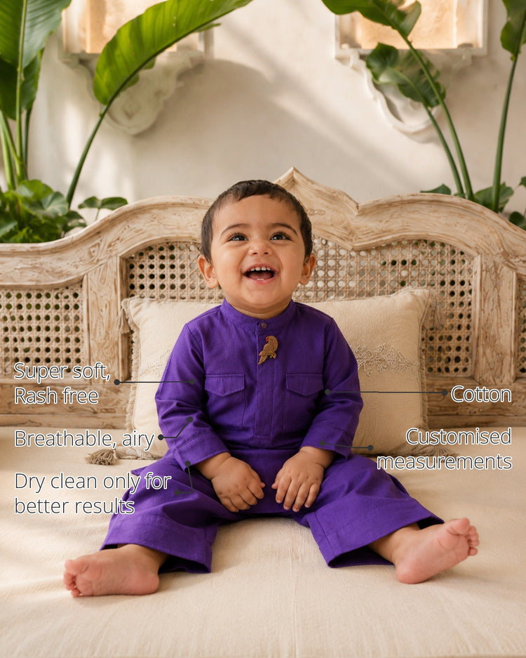 Purple Parrot-Motif Oversized Baby Kurta Set features