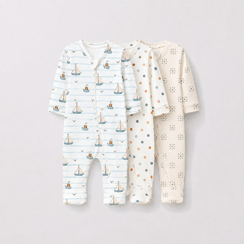 Sailboat & Friends bamboo baby sleepsuit combo — coordinating full-sleeve two-way zip romper onesies