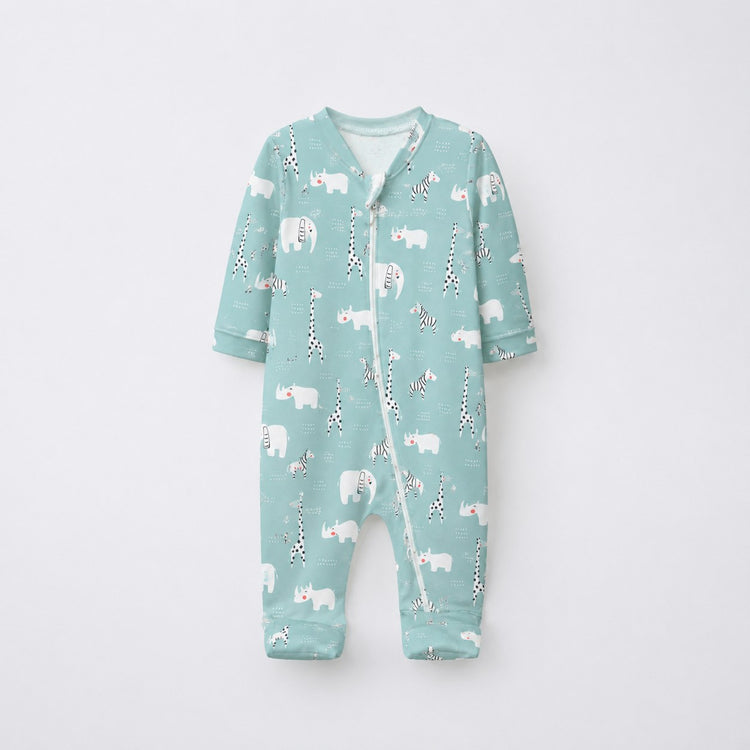 Sea-Green Animals bamboo cotton baby sleepsuit — two-way zip romper onesie