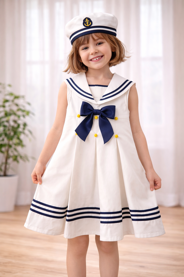 Girl wearing Anaario Seaside Sailor Pleated Dress, white sailor-collar pleated dress with navy bow and sailor cap
