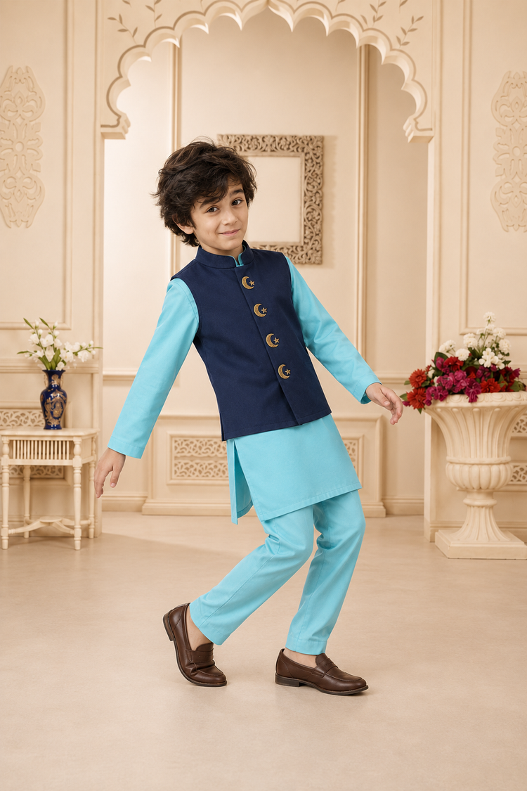 Sky blue moon and star waistcoat set with navy waistcoat by Anaario