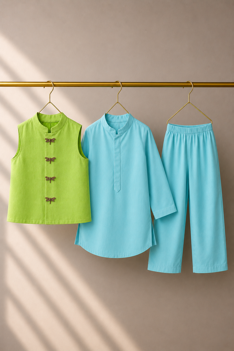 Sky Blue Dragonfly-Motif Waistcoat Set (Lime Waistcoat) - flat lay, waistcoat, kurta and pants