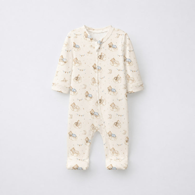 Sleeping Teddy bamboo cotton baby sleepsuit — bamboo cotton onesie romper flatlay