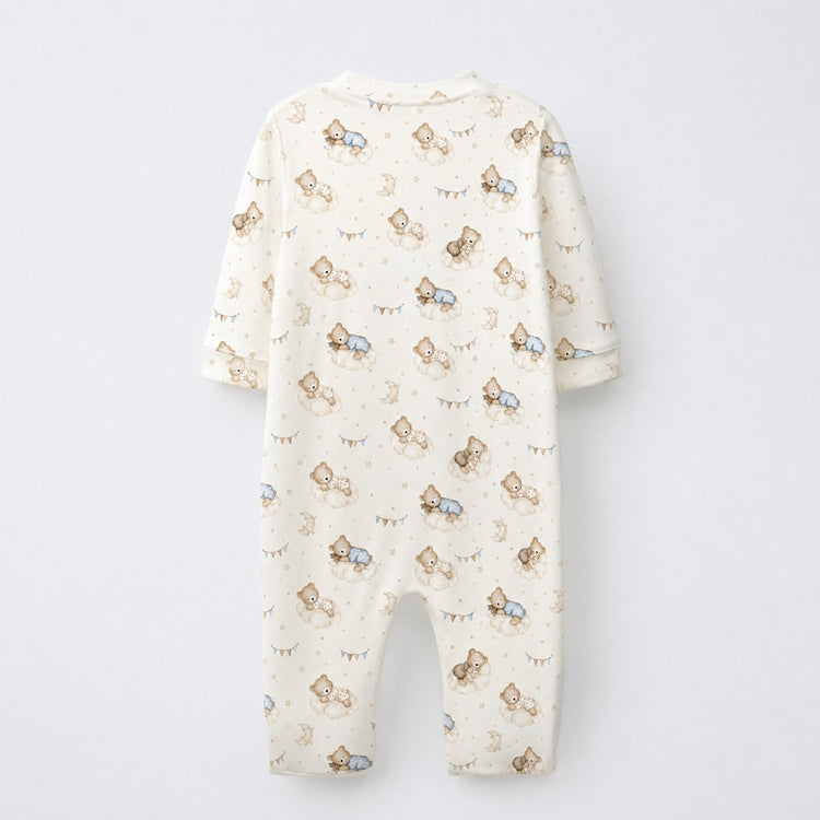 Sleeping Teddy bamboo cotton baby sleepsuit — zip romper onesie detail
