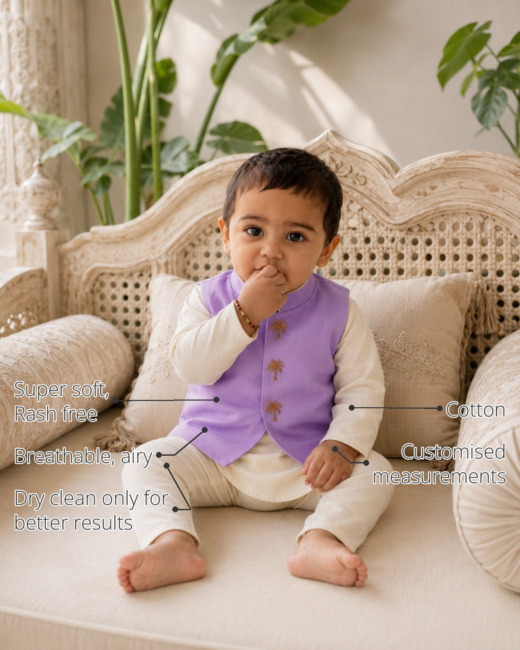 Beige Palm-Motif Baby Waistcoat Kurta Set features