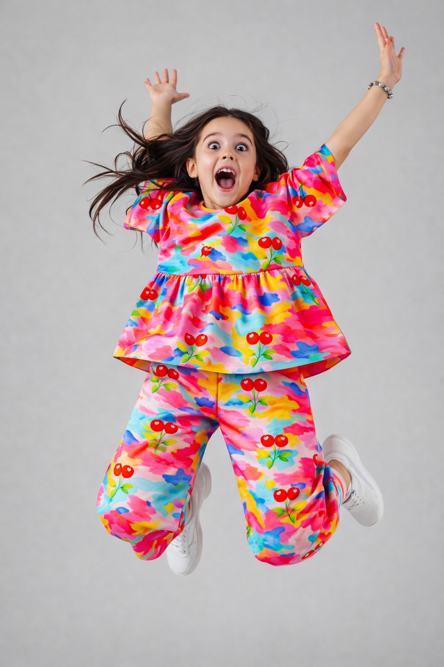 Girl wearing Anaario Splashes and Cherry Co-ord Set