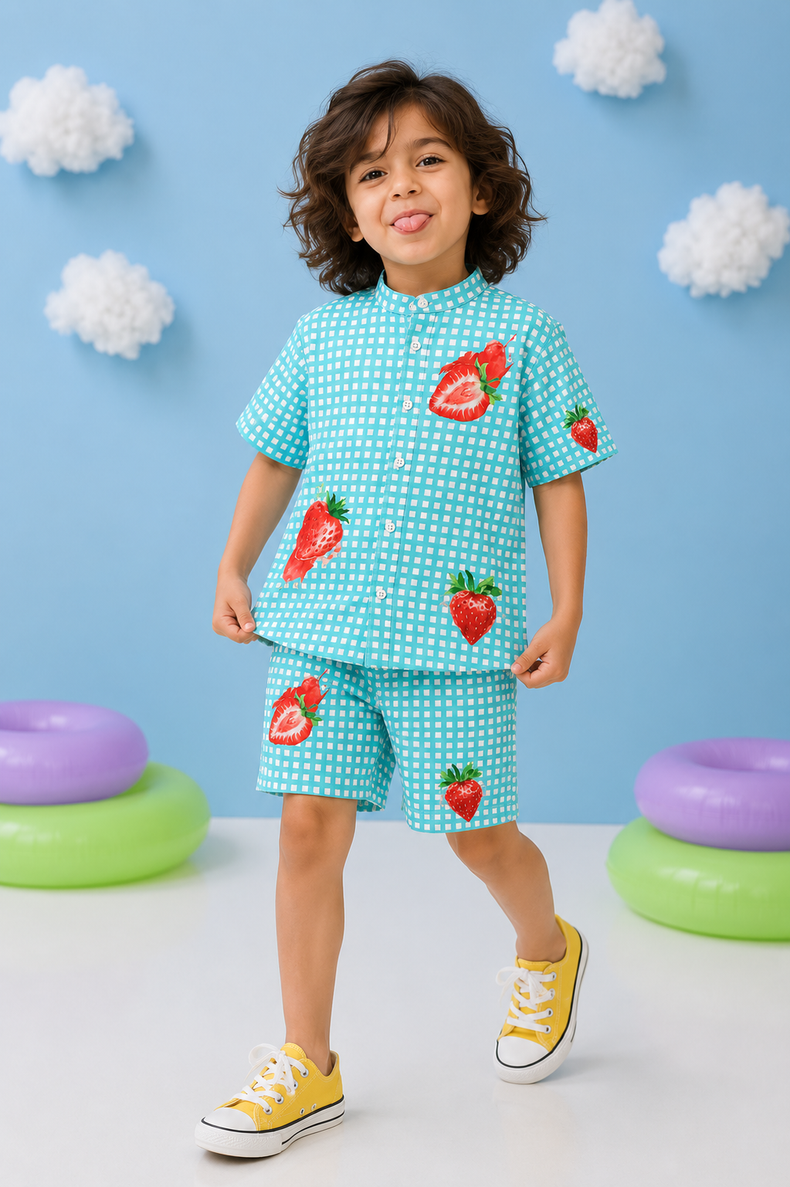 Boy wearing Anaario Strawberry Aqua Shorts