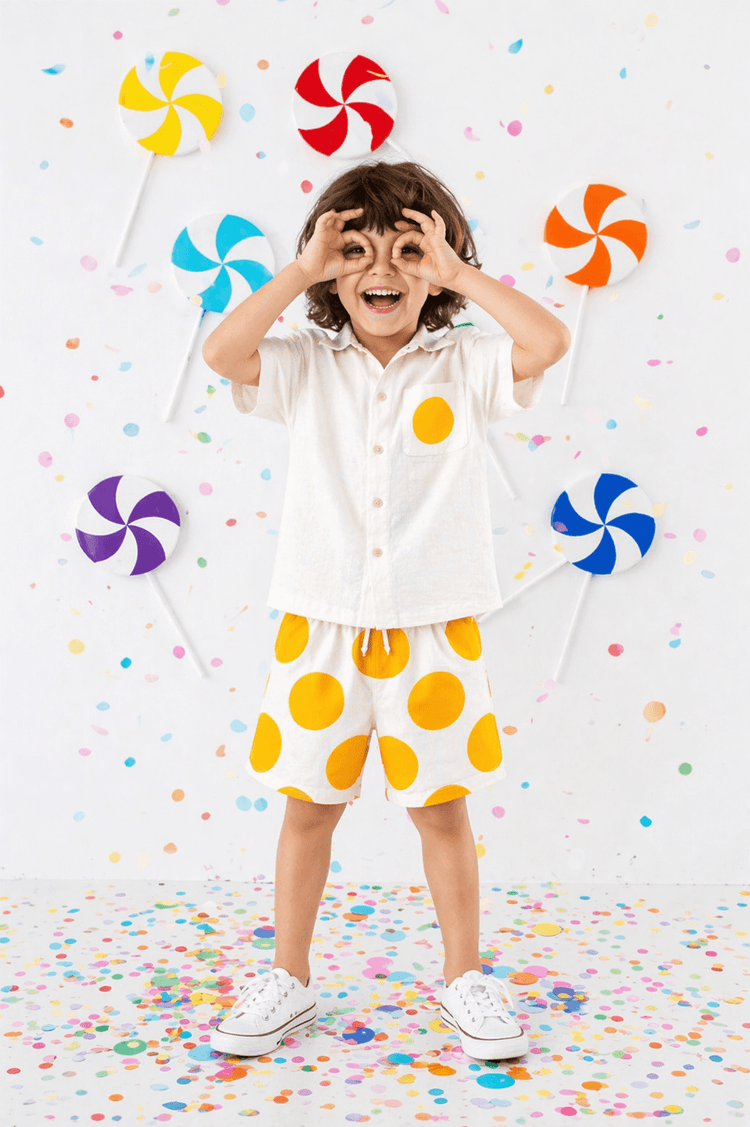Boy wearing Anaario Sunbeam Dot Pocket Shirt Set