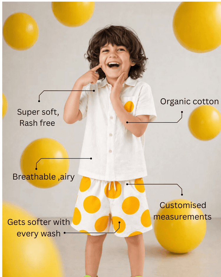 Boy wearing Anaario Sunbeam Dot Pocket Shirt Set