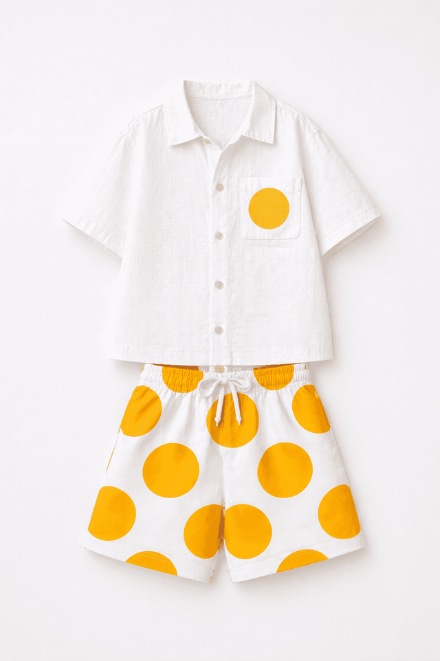Boy wearing Anaario Sunbeam Dot Pocket Shirt Set