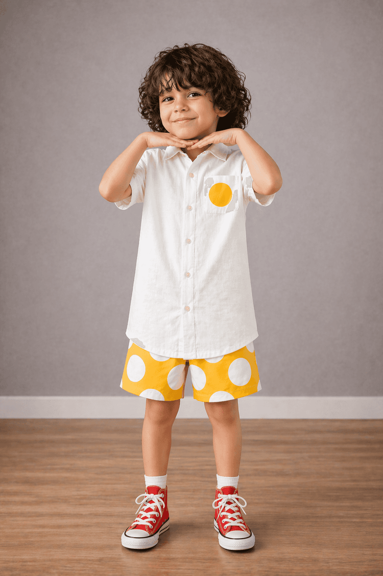 Boy wearing Anaario Sunbeam Dot Pocket Shirt Set