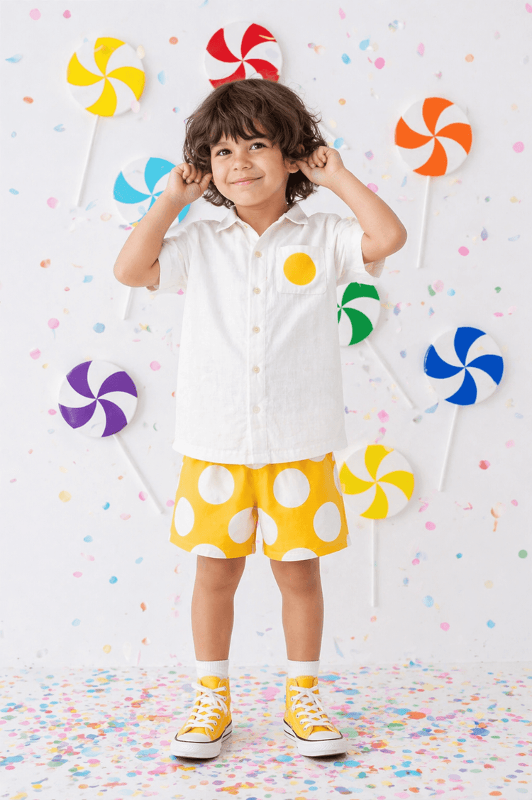 Boy wearing Anaario Sunbeam Dot Pocket Shirt Set