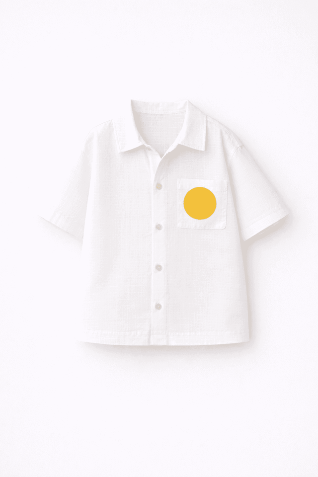 Boy wearing Anaario Sunwave Pocket Shirt Set, white pocket shirt with matching yellow wavy-striped shorts