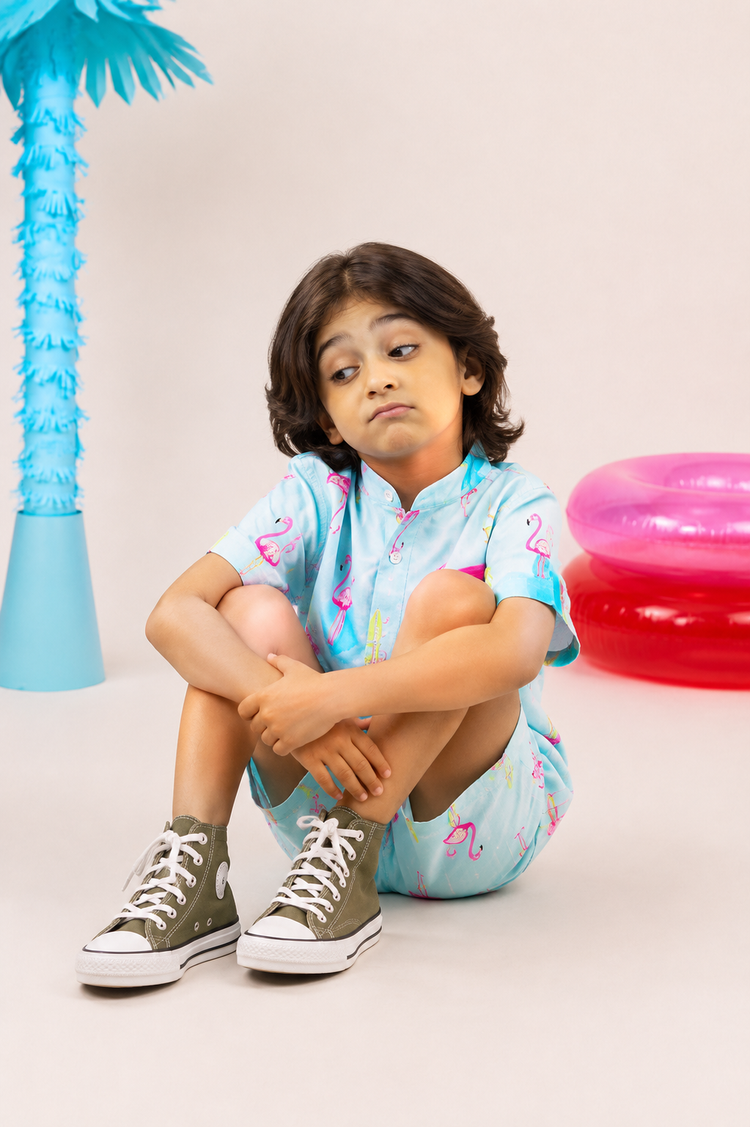 Boy wearing Anaario Surfing Flamingo Shorts