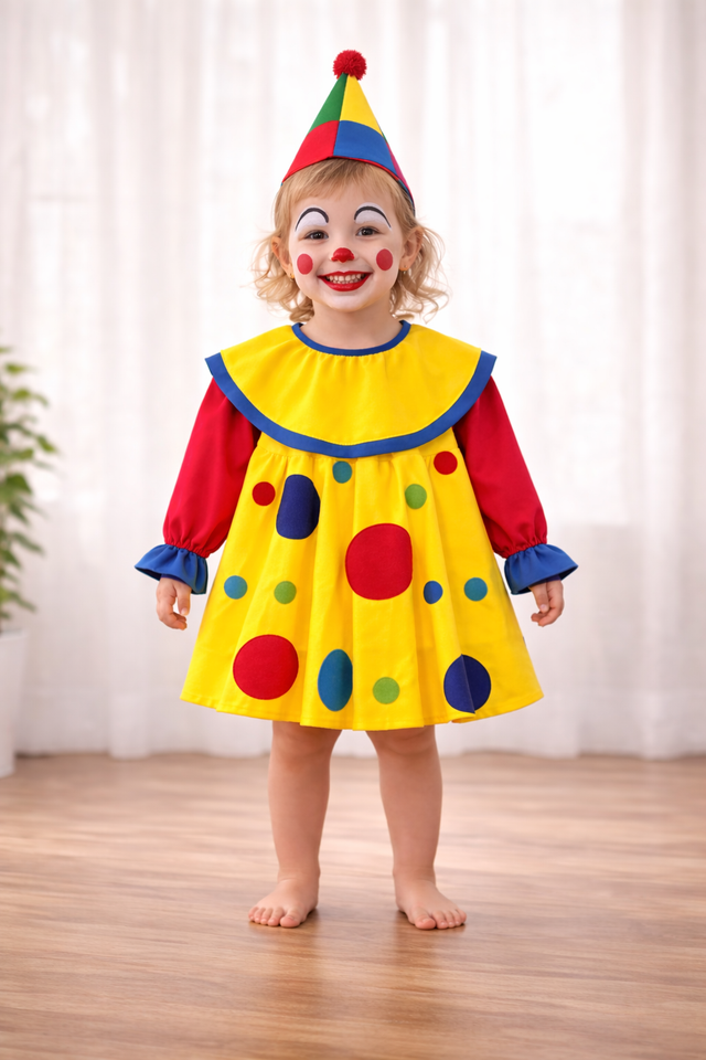 Girl wearing Anaario Sweet Girl Clown Dress, yellow polka-dot ruffle clown costume dress with clown hat