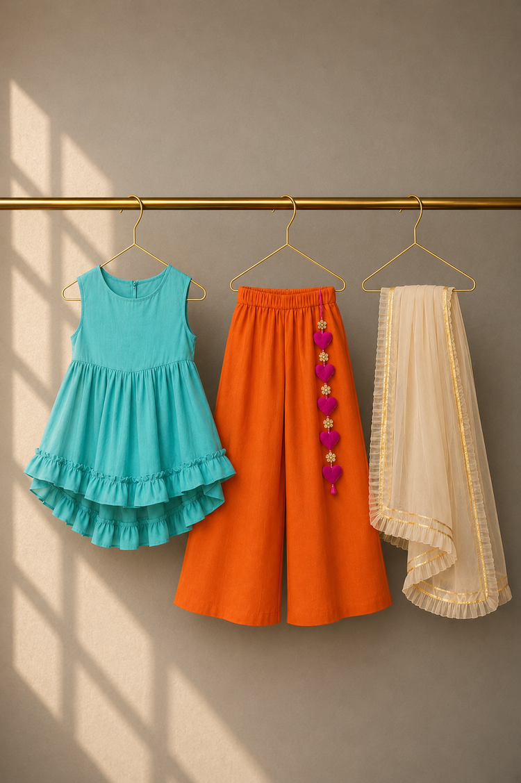 Girl wearing Anaario Teal Orange Palazzo Set