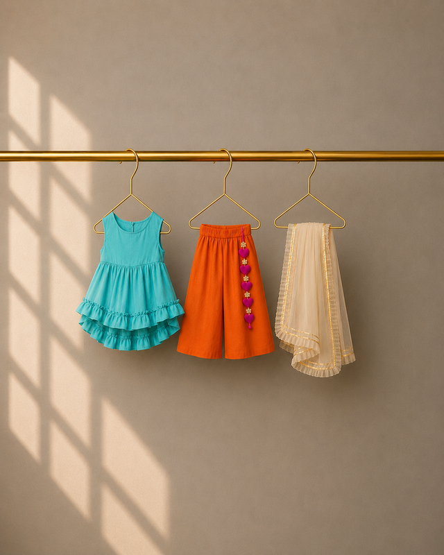 Anaario Teal Orange Peplum Co-ord Set, teal top orange pants and dupatta on hangers