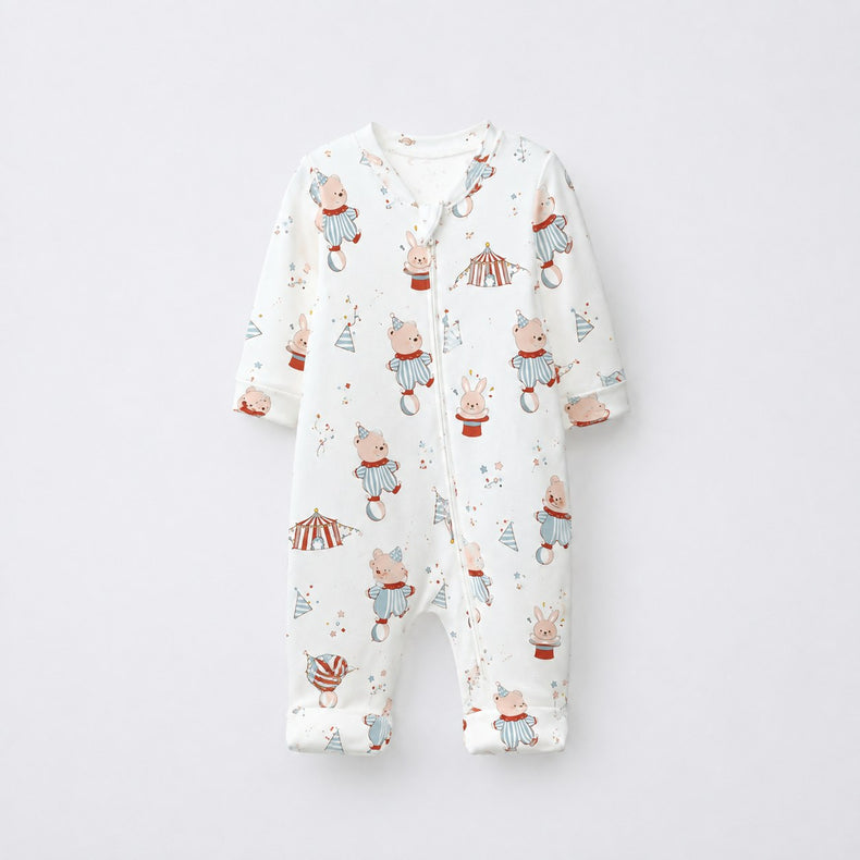 Teddy Carnival bamboo cotton baby sleepsuit — bamboo cotton onesie romper flatlay