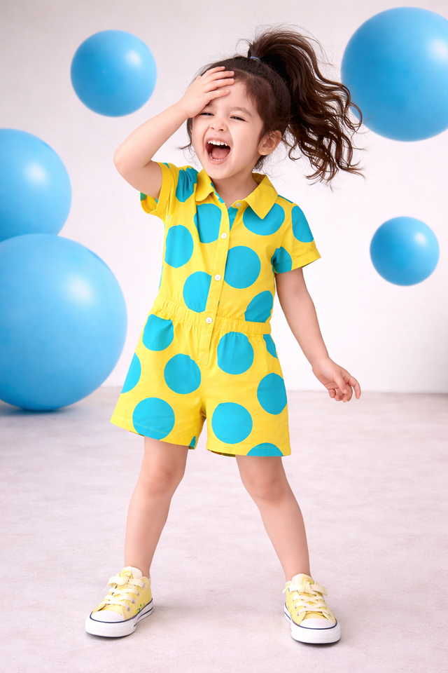 Girl wearing Anaario Canary Teal Pop Romper