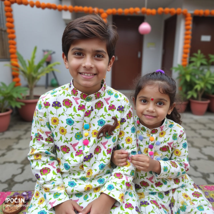 Boy wearing Anaario Garden Kurta Set, white kurta with multicolor floral garden print and dinosaur toy-pocket applique