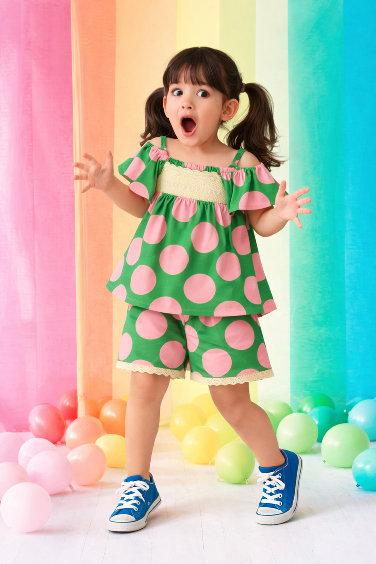Girl wearing Anaario Garden Party Polka Shorts Set