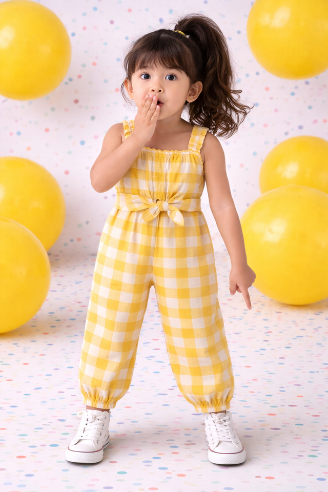 Girl wearing Anaario Honeybee Checker Jumpsuit