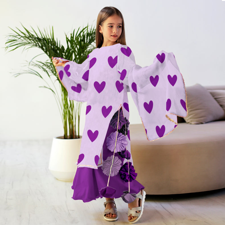 Girl wearing Anaario Lavender Hearts Sharara Set, lavender kurta with purple heart print and purple sharara skirt