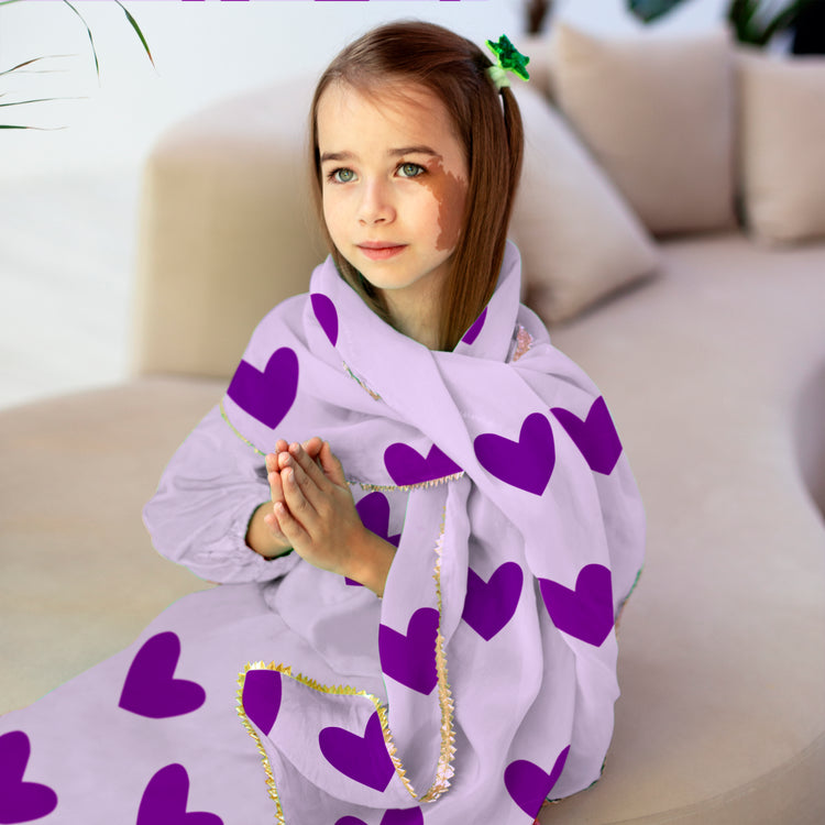 Girl wearing Anaario Lavender Hearts Sharara Set, lavender kurta with purple heart print and purple sharara skirt