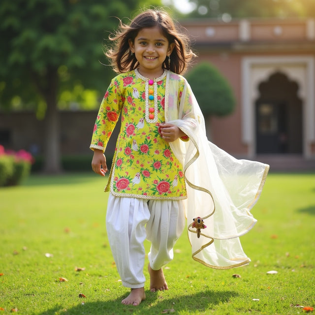 Girl wearing Anaario Lime-Poppy Patiala Set, lime yellow floral print kurta with white patiala pants and cream dupatta