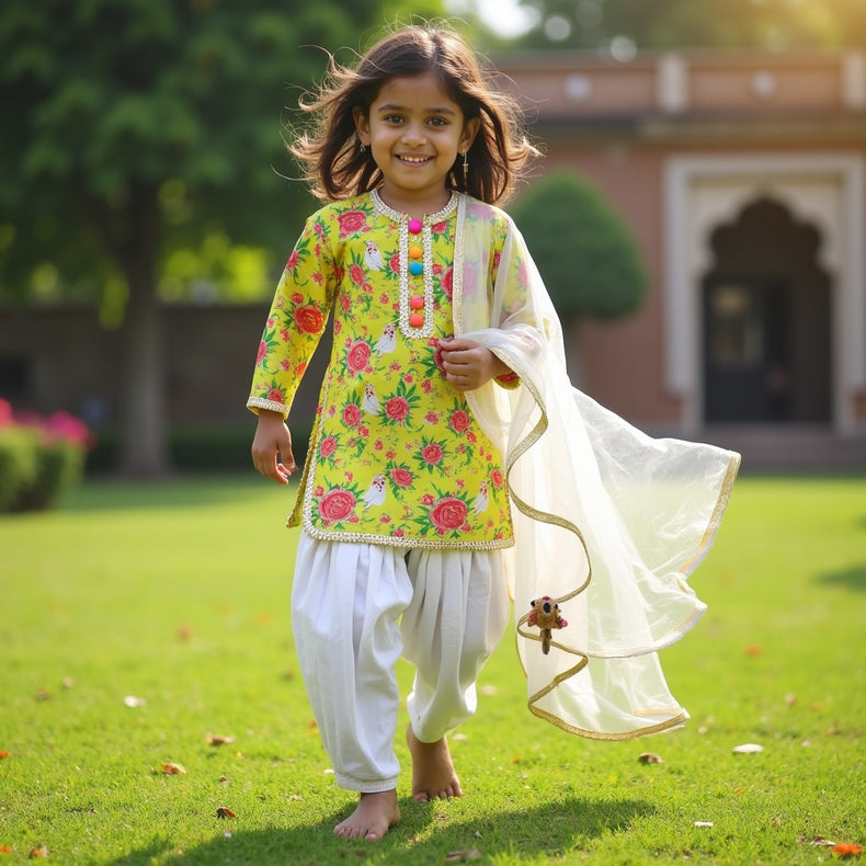 Girl wearing Anaario Lime-Poppy Patiala Set, lime yellow floral print kurta with white patiala pants and cream dupatta