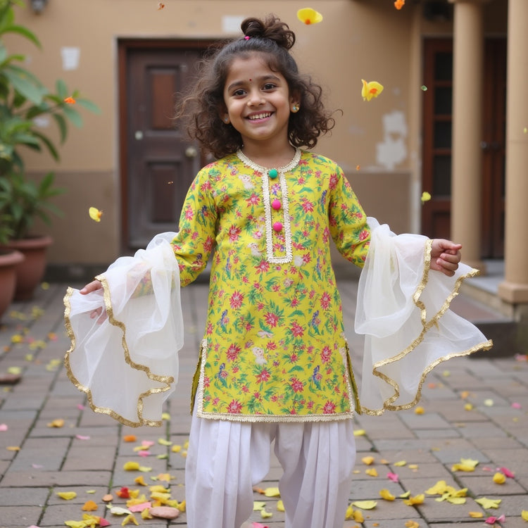 Girl wearing Anaario Lime-Poppy Patiala Set, lime yellow floral print kurta with white patiala pants and cream dupatta