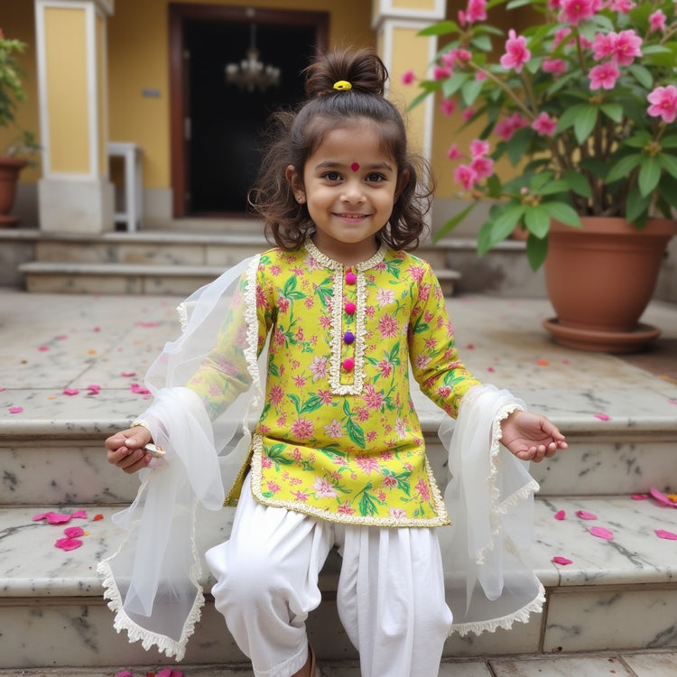 Girl wearing Anaario Lime-Poppy Patiala Set, lime yellow floral print kurta with white patiala pants and cream dupatta